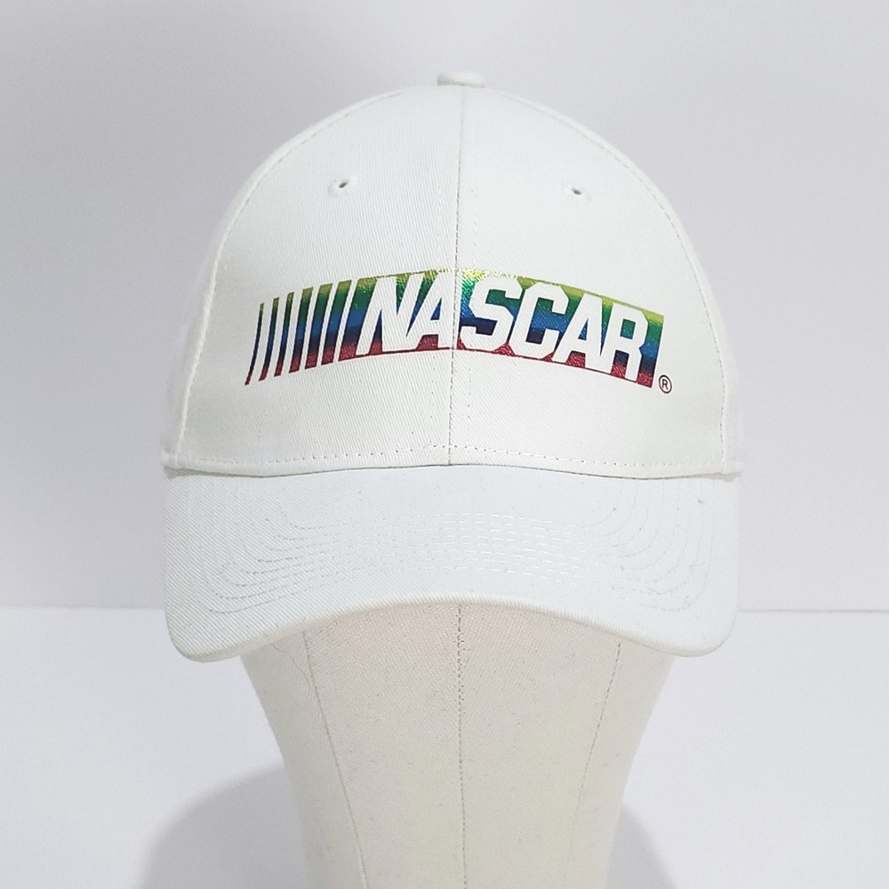 NASCAR Adjustable Baseball Cap Ladies White Rainbow Foil‎ Logo Cotton Hat NEW